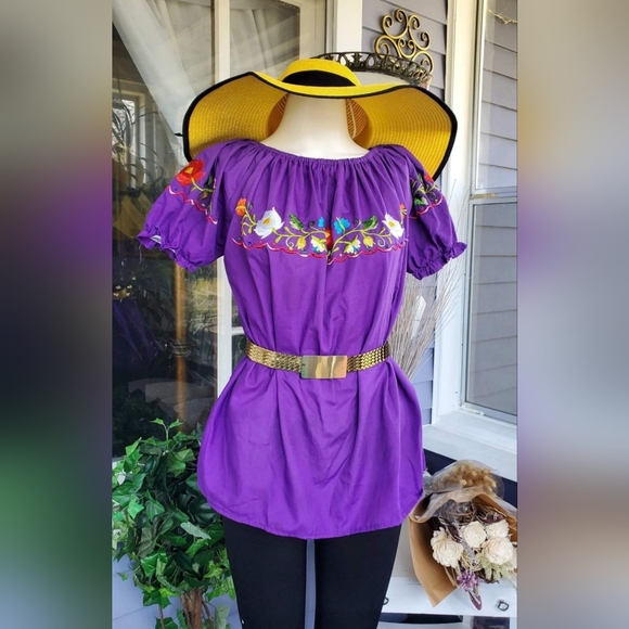 VTG 80's Hecho In Mexico Purple Floral Embroidered Pleated Puff Shoulder Blouse - Picture 4 of 5